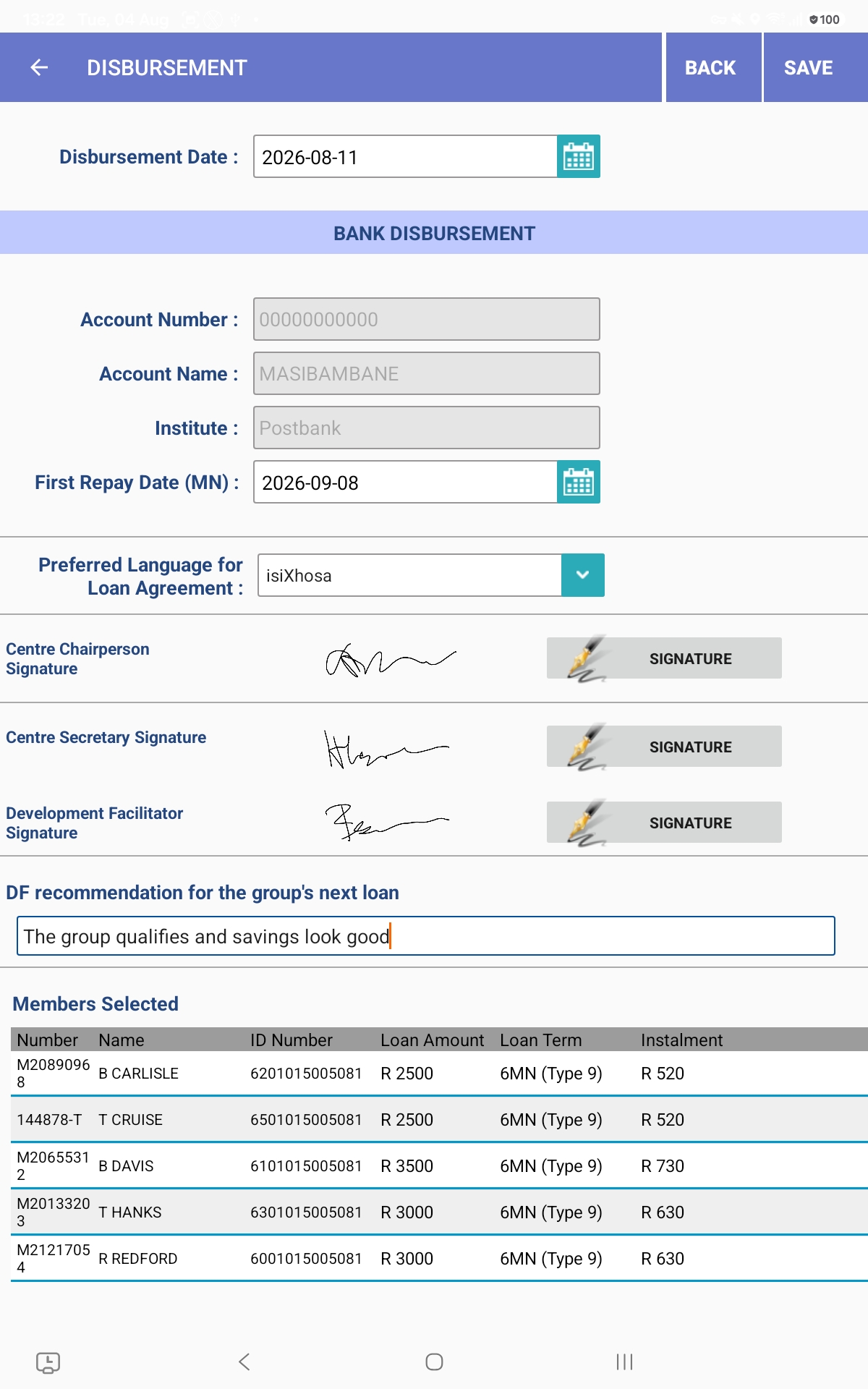 Digital field application showing disbursement capture