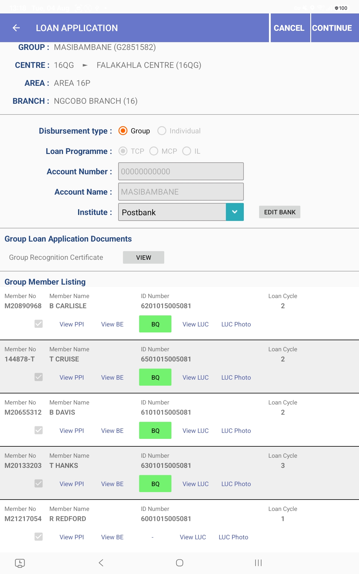 Digital field application showing group loan application and member listing
