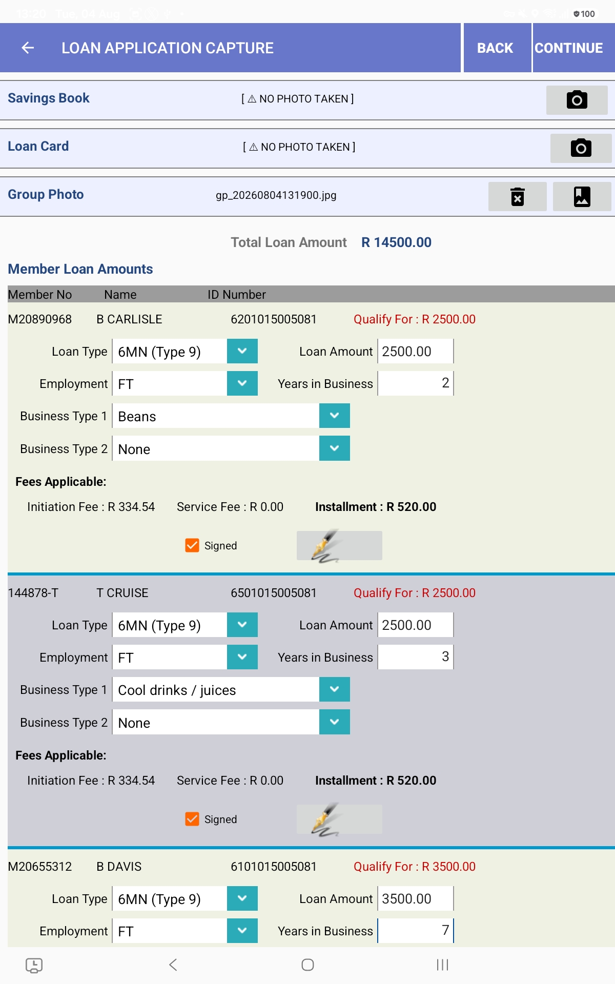Digital field application showing loan application capture