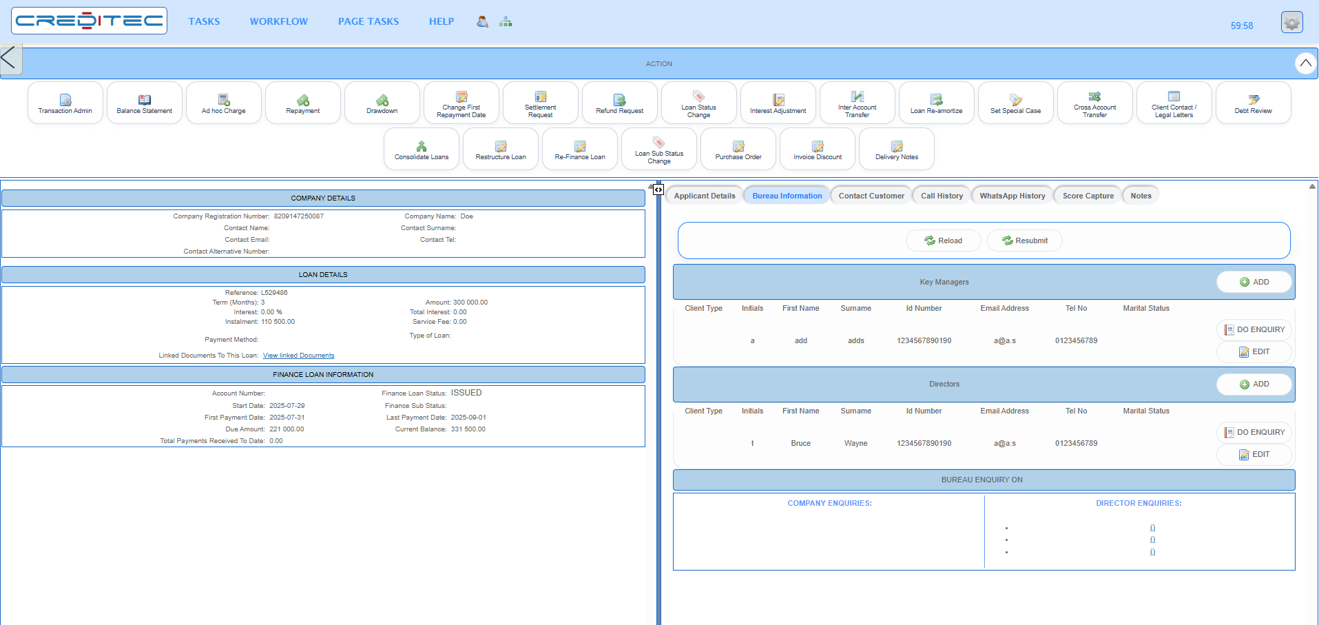 Creditec LMS administration screen showing loan details, bureau information and account controls