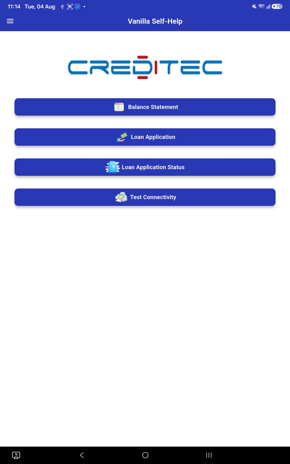 Creditec mobile self-help application home screen
