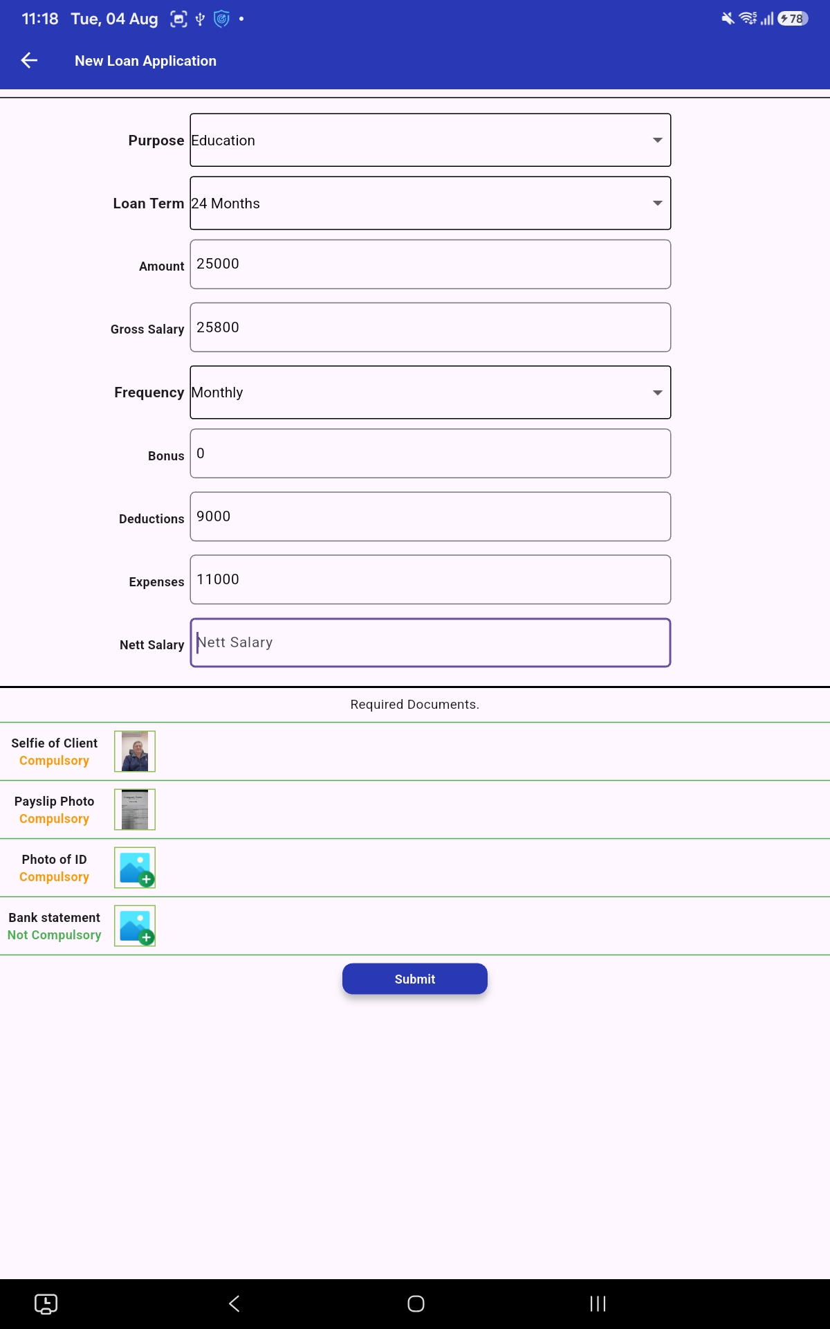Customer self-service loan application screen