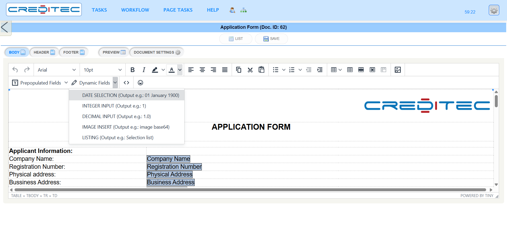 Creditec document editor showing an application form template with dynamic fields