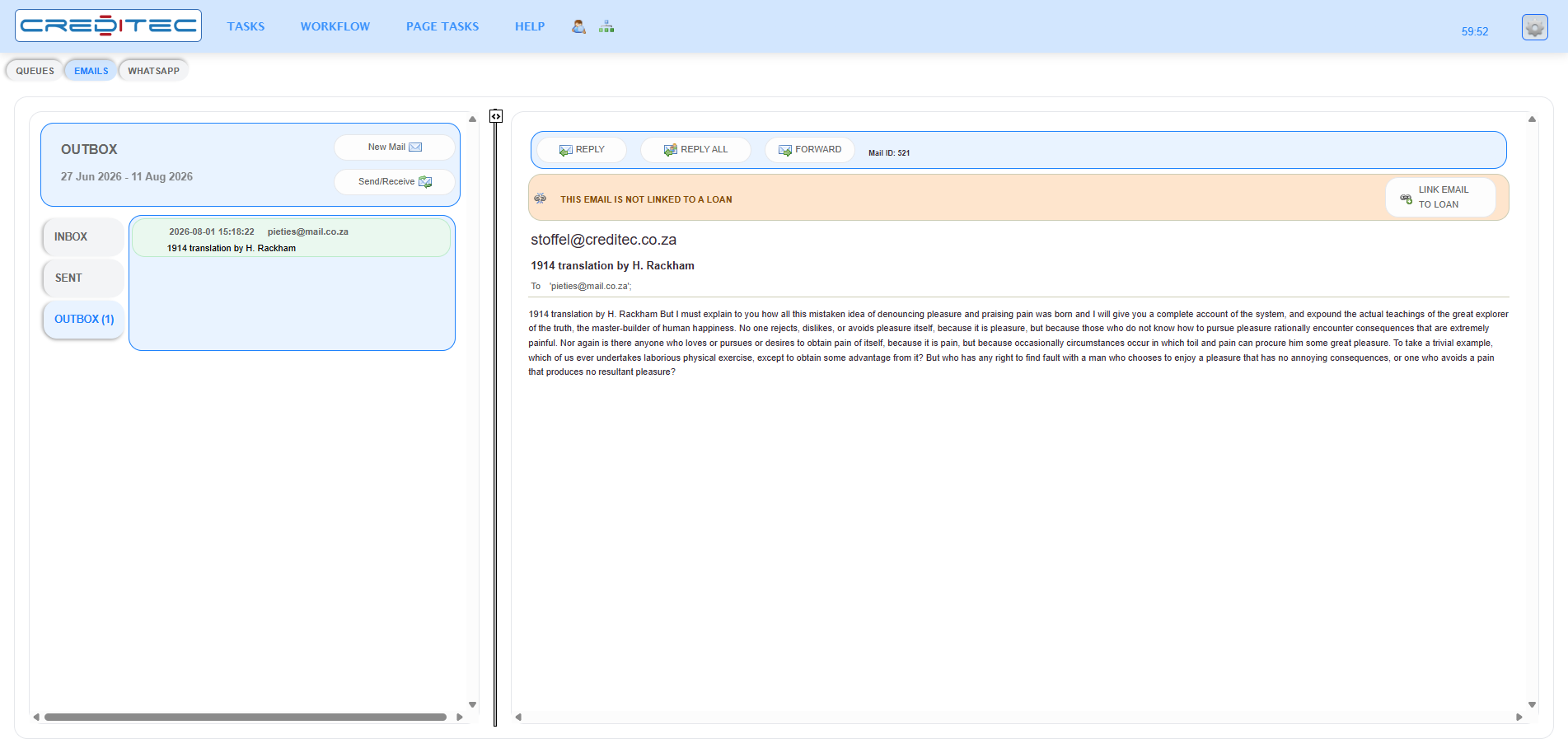 Workflow email outbox with loan linking option