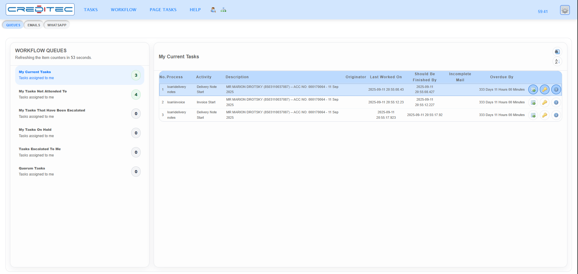 Creditec workflow dashboard showing lending workflow queues and current tasks