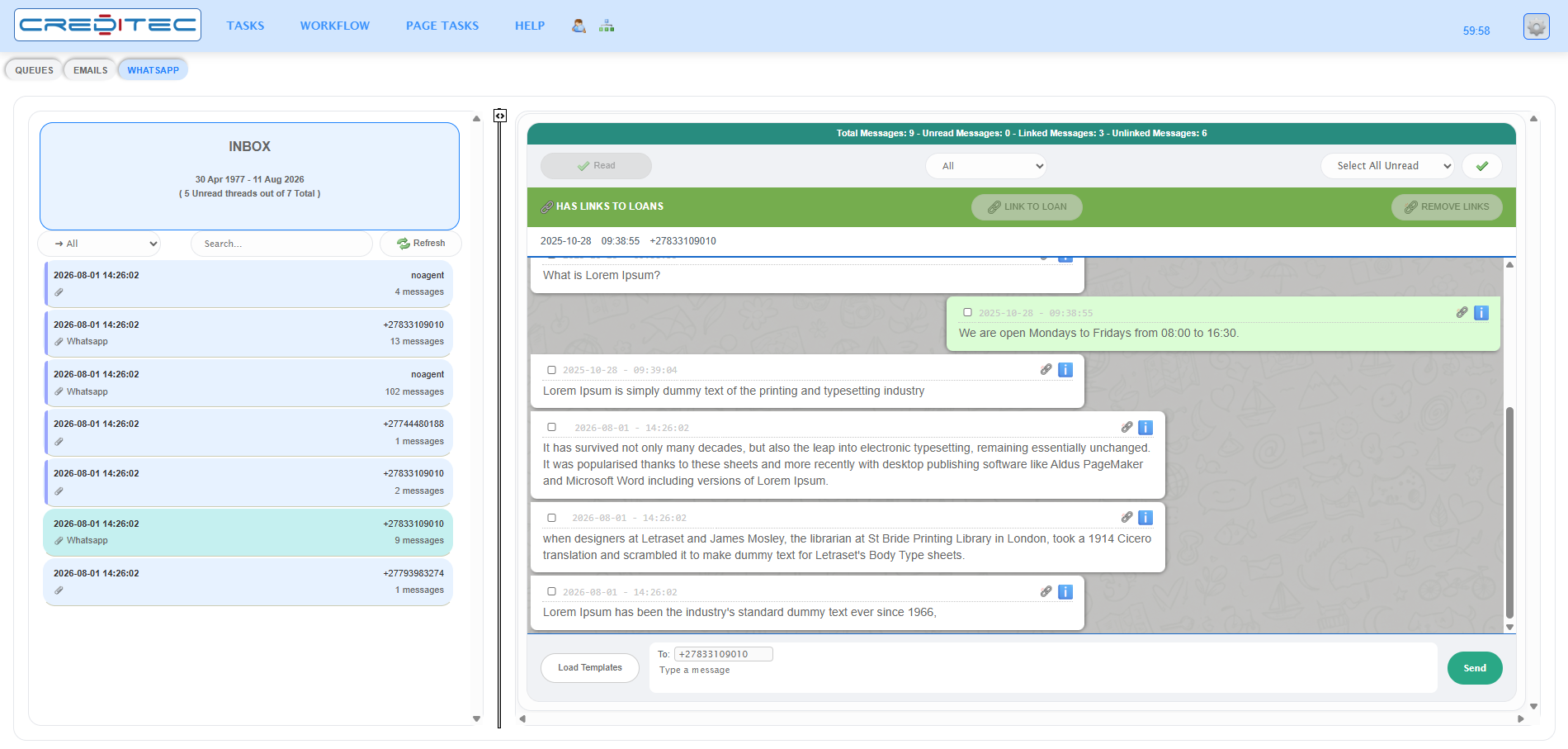 Workflow WhatsApp conversation linked to loan records